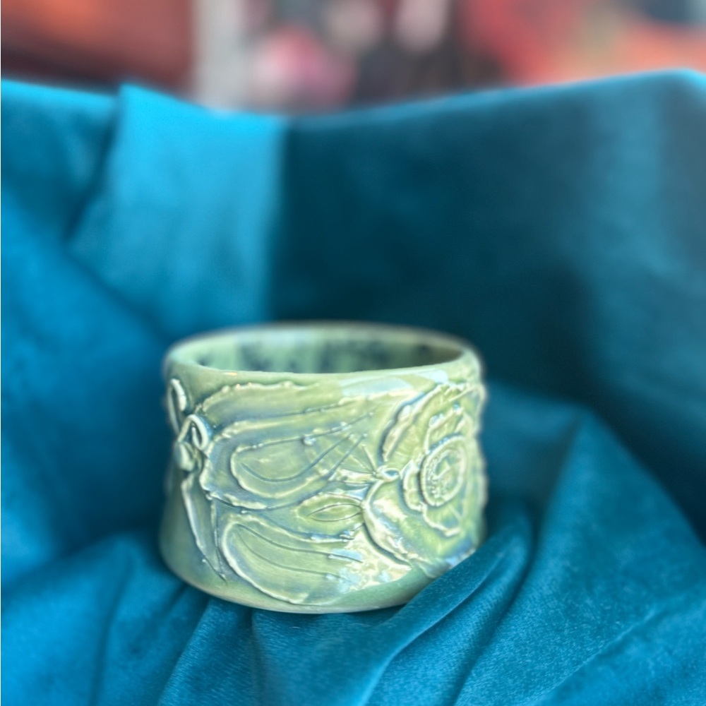 Elegant Green Ceramic Cuff with flowers and butterfly